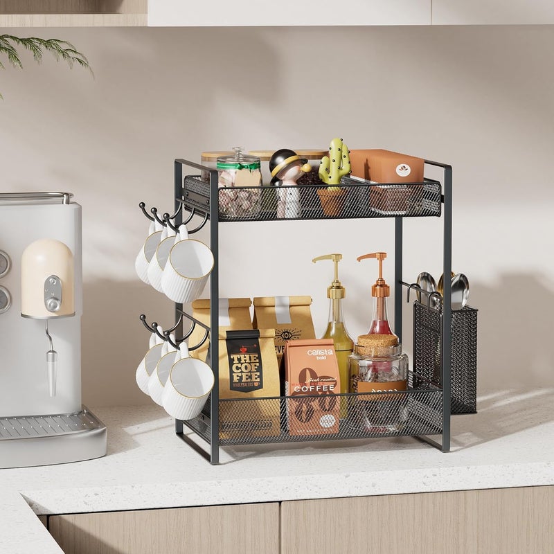 VITVITI Coffee Bar Organizer with Mug Holder, Metal Coffee Station Organizer for Countertop, 2 Tier Cup Mug Holders Rack with Basket for Kitchen Office, Black - Image 3